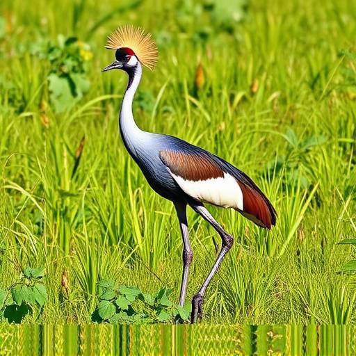 A brightly colored crested crane, Uganda's national bird, standing majestically in a field of green grass.