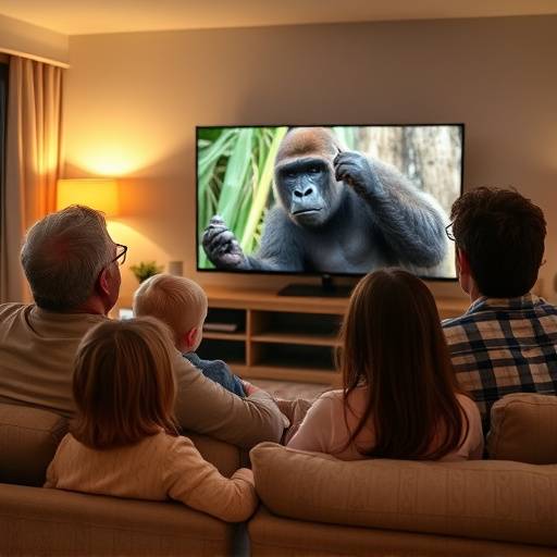 A family watching a video about gorilla trekking in Bwindi Impenetrable Forest, with closed captions displayed on the screen.