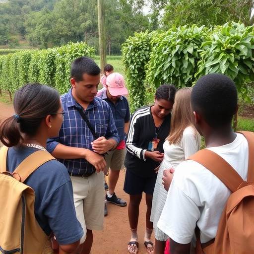 A group of tourists visiting a coffee plantation in Uganda