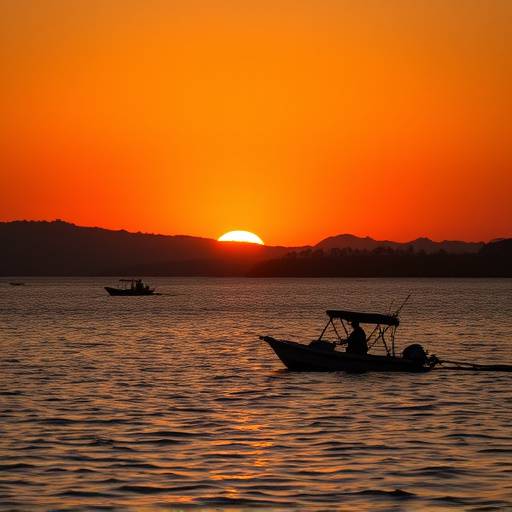 Lake Victoria: a sunset view over the lake with fishing boats silhouetted against the orange sky