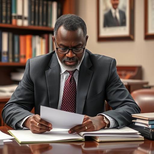 Mr. Okello Moses, the legal and compliance officer, reviewing accessibility compliance documents in his office.