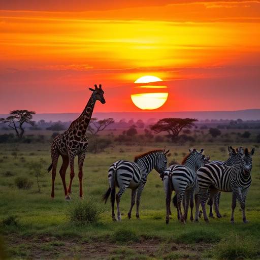 Panoramic view of the Ugandan savanna with wildlife, including giraffes and zebras, grazing under a vibrant sunset sky