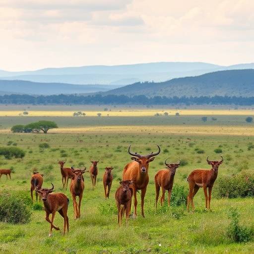 Queen Elizabeth National Park: a landscape view of savannah with grazing Ugandan Kobs and distant hills