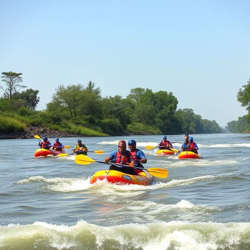 River Nile: white water rafting on the Nile River with kayakers in action