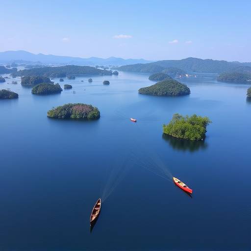 Scenic view of Lake Bunyonyi with its numerous islands and traditional dugout canoes